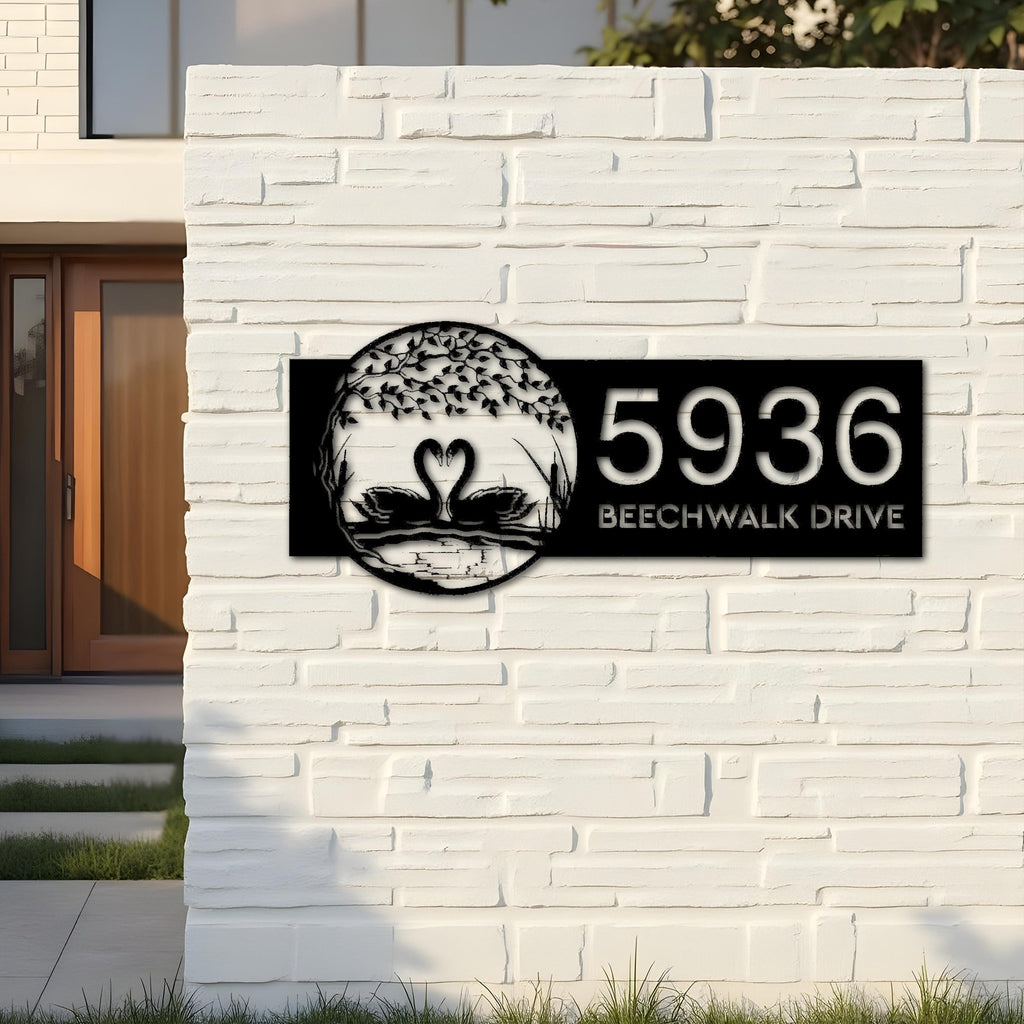 Custom Metal Tree and Swan Couple on Lake Metal Address Sign, House number, Outdoor Number Signage, Yard Sign Address Plate