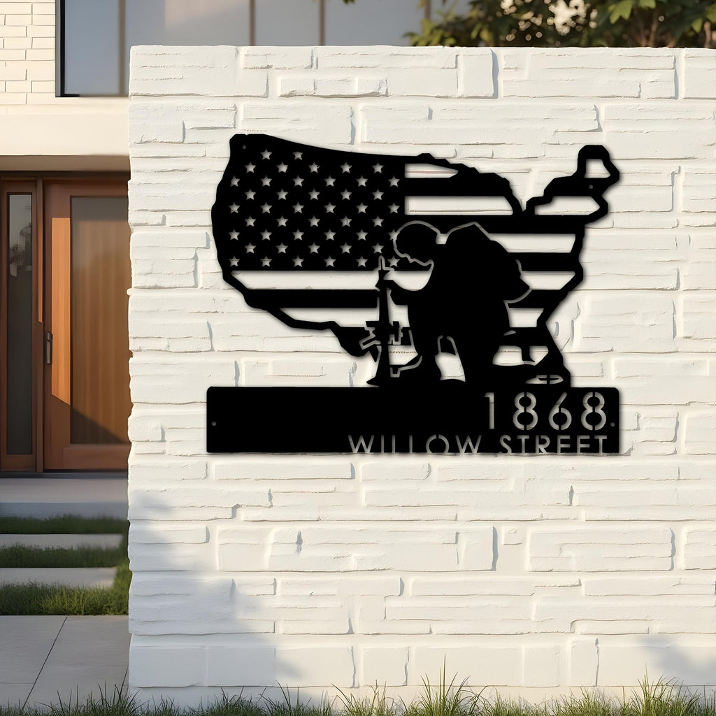 Custom Metal Soldier American Flag Patriotic Army Metal Address Sign, House number, Outdoor Number Signage, Yard Sign Address Plate