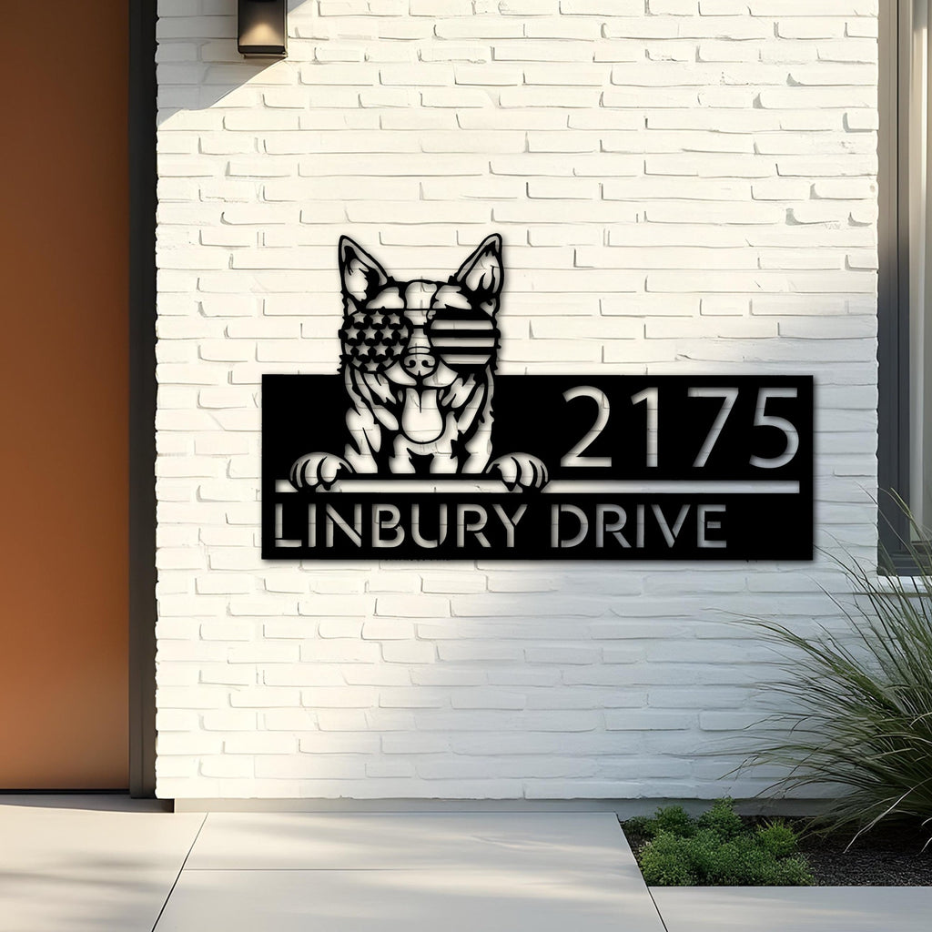 Custom Metal Red heeler dog US flag glasses Metal Address Sign House number Hanging Address Plaque Yard Sign Outdoor decor