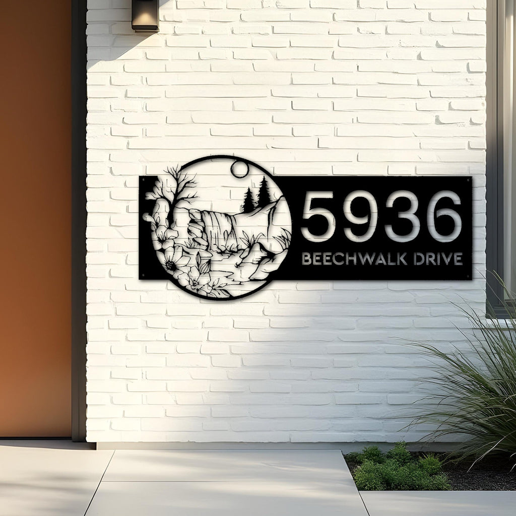 Custom Metal Water fall Nature scene Metal Address Sign House number Hanging Address Plaque Yard Sign Outdoor