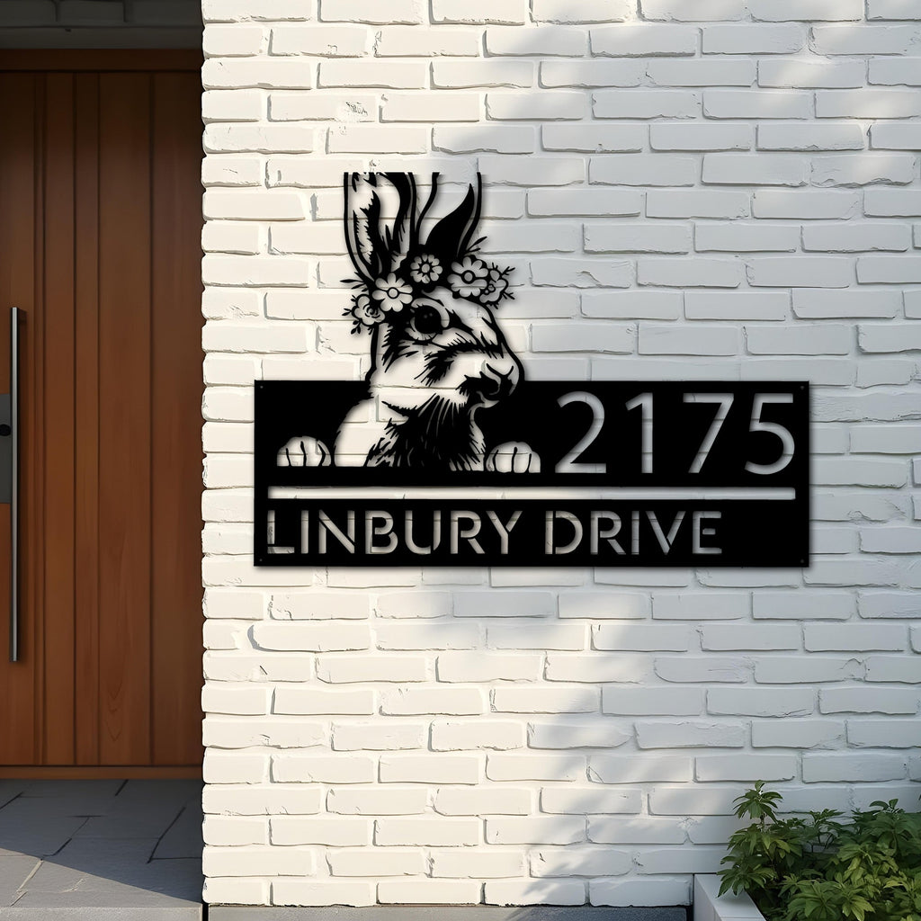 Custom Metal Peeking Rabbit bunny farmhouse Metal Address Sign House number Hanging Address Plaque Yard Sign Outdoor decor