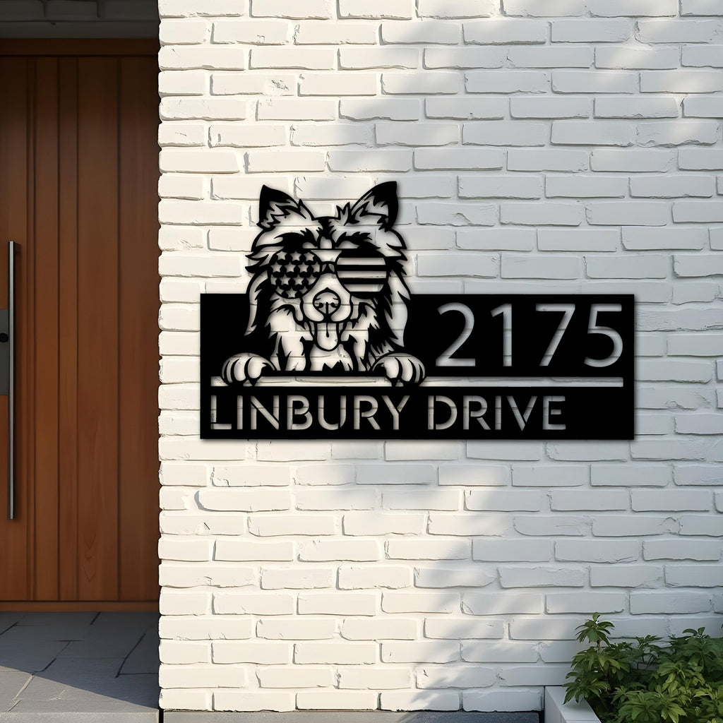 Custom Metal Shetland Sheepdog US flag glasses Metal Address Sign House number Hanging Address Plaque Yard Sign Outdoor decor