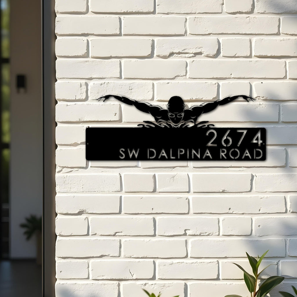 Custom Metal Swimmer Swimming pool summer sport Metal Address Sign, House number, Outdoor Number Signage, Yard Sign Address Plate
