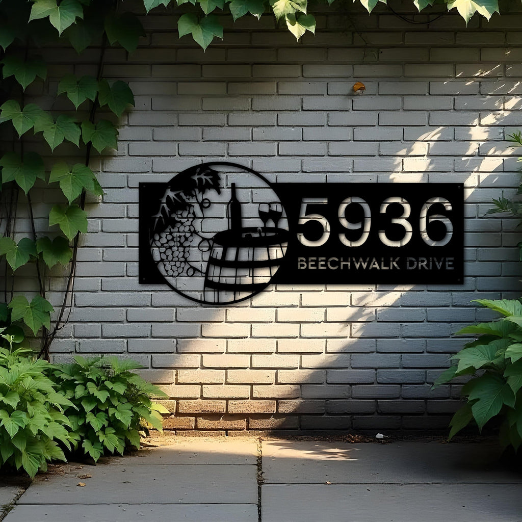 Custom Metal Rusted Wine barrel glasses grapes Metal Address Sign, House number, Outdoor Number Signage, Yard Sign Address Plate
