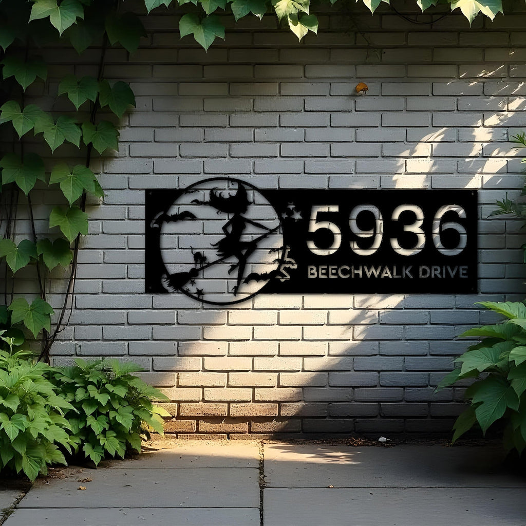 Custom Metal Witch and black cat flying halloween Metal Address Sign House number Hanging Address Plaque Yard Outdoor Sign