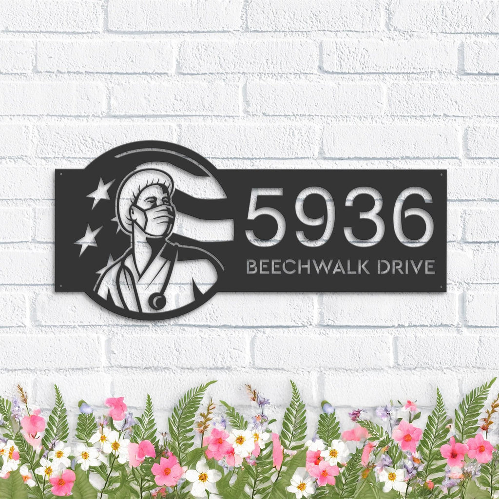 Custom Metal Nurse Looking Up USA Flag Metal Address Sign, House number, Outdoor Number Signage, Yard Sign Address Plate