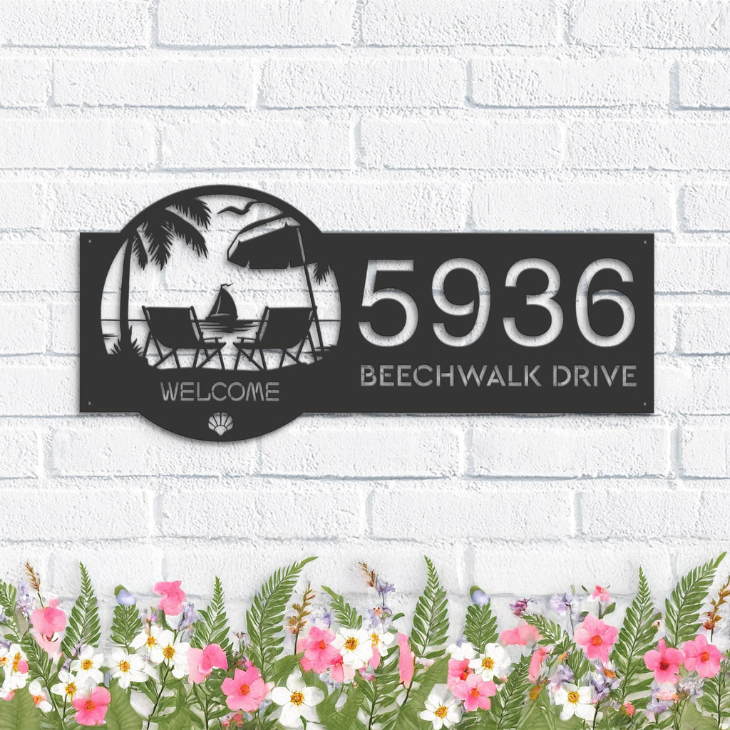 Custom Metal Palm Beach scene Metal Address Sign, House number, Outdoor Number Signage, Yard Sign Address Plate