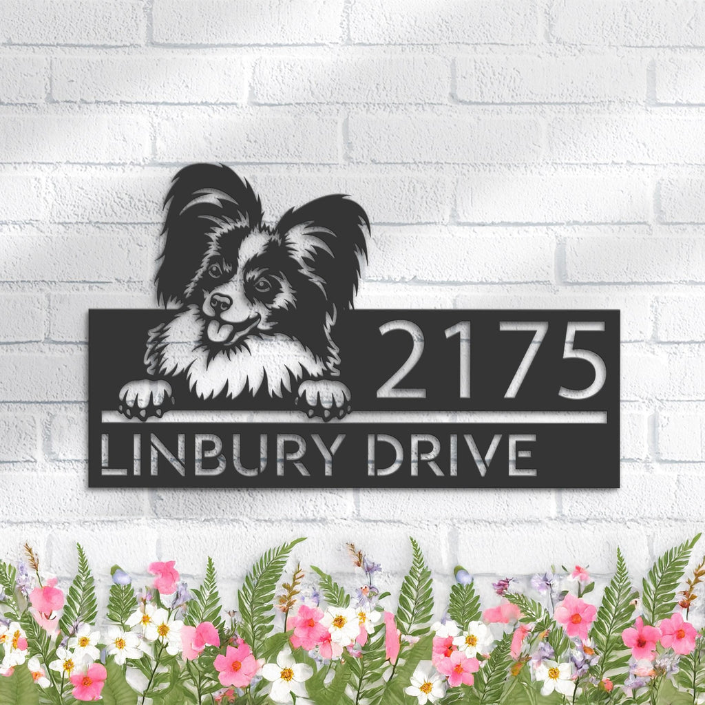 Custom Metal Papillon dog Puppy Metal Address Sign House number Hanging Address Plaque Yard Sign Outdoor decor