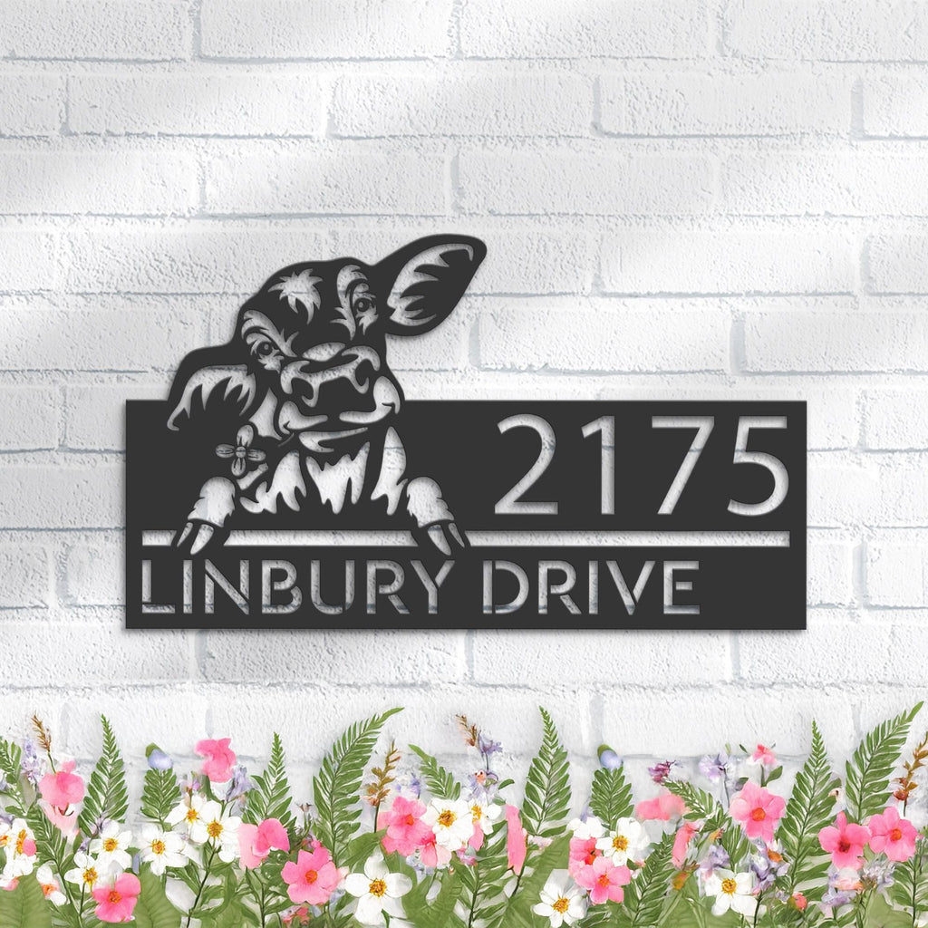 Custom Metal Peeking Calf farm animal ranch Metal Address Sign, House number, Outdoor Number Signage, Yard Sign Address Plate