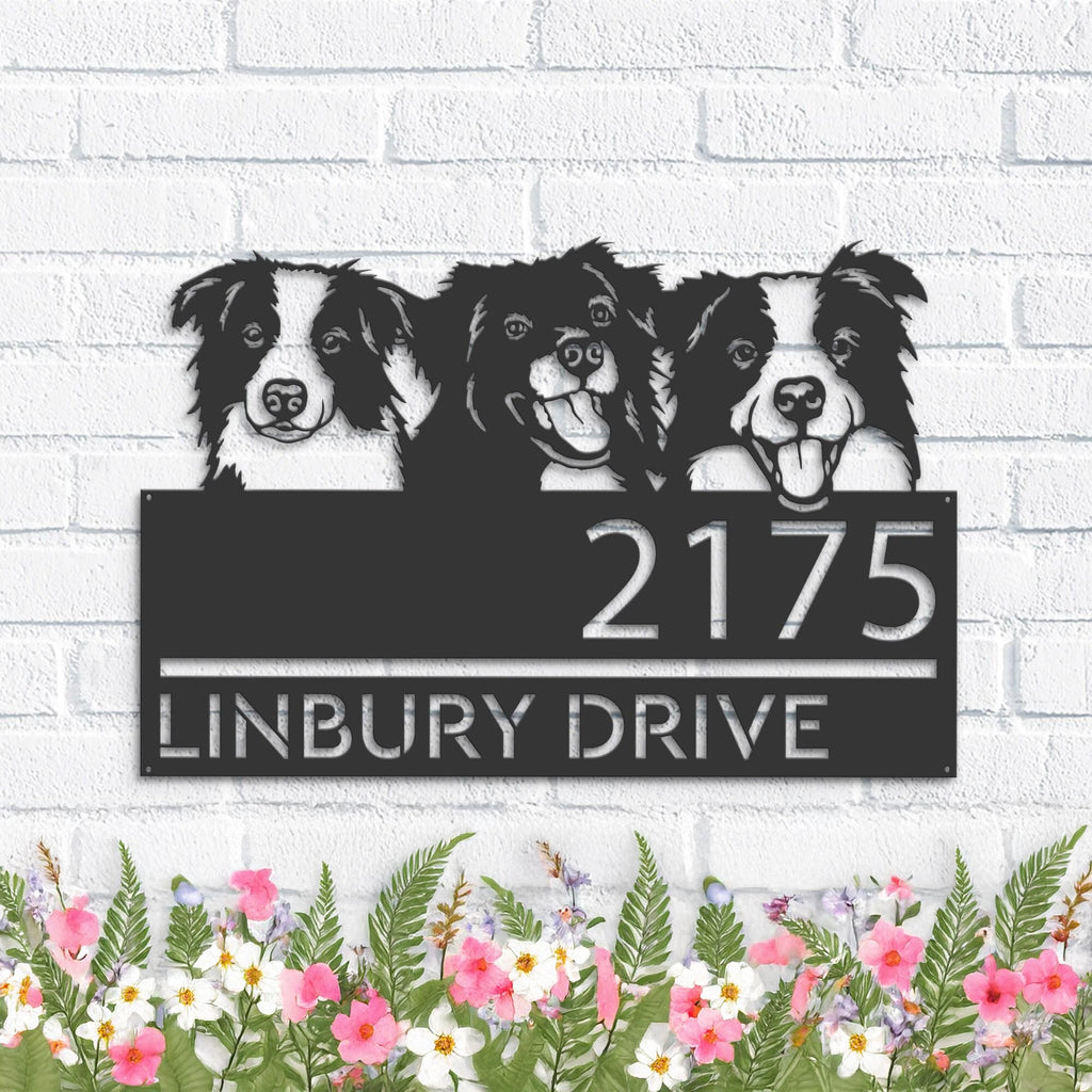 Custom Metal Peeking dogs border collie Metal Address Sign, House number, Outdoor Number Signage, Yard Sign Address Plate