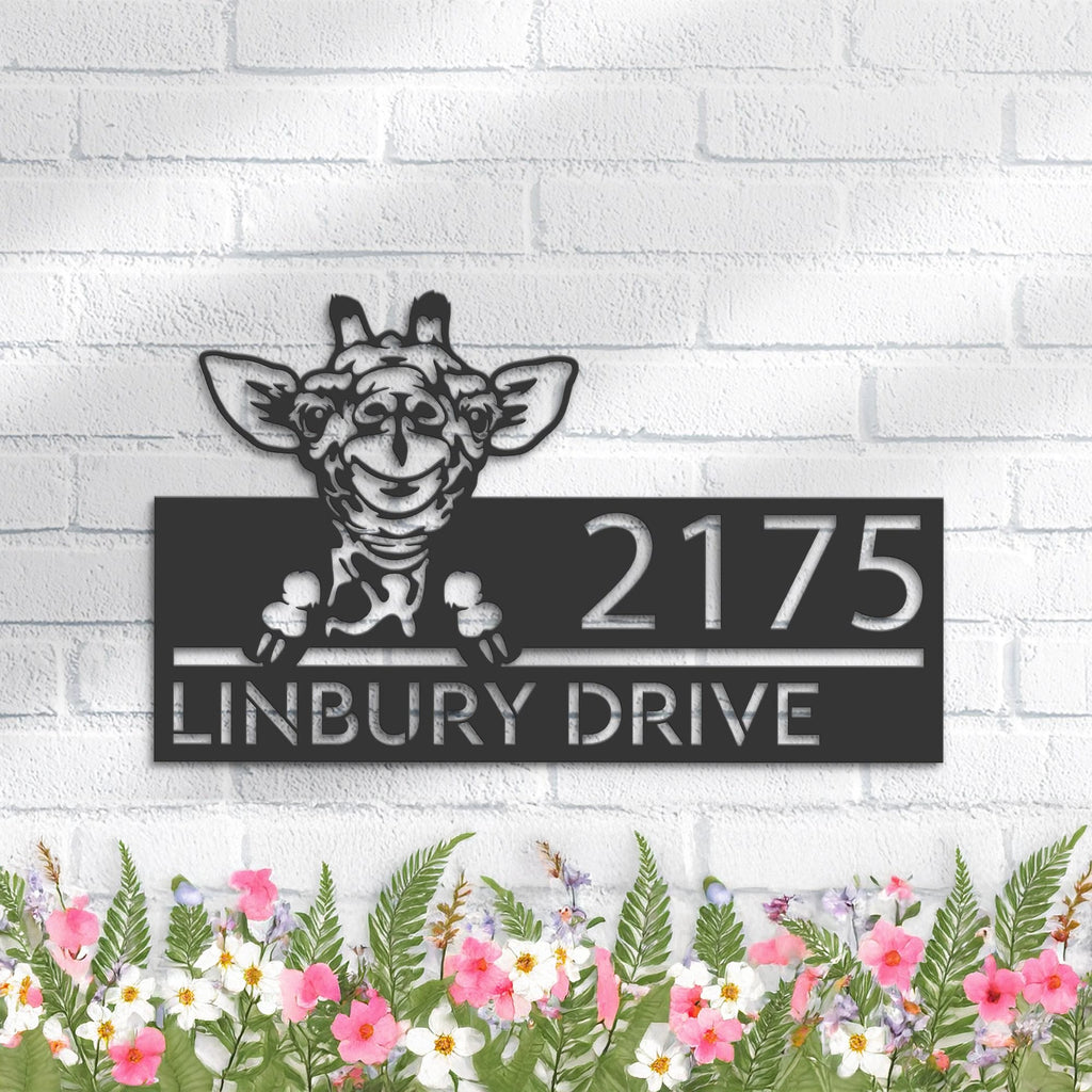 Custom Metal Peeking Giraffe Wild animal wildlife Metal Address Sign, House number, Outdoor Number Signage, Yard Sign Address Plate