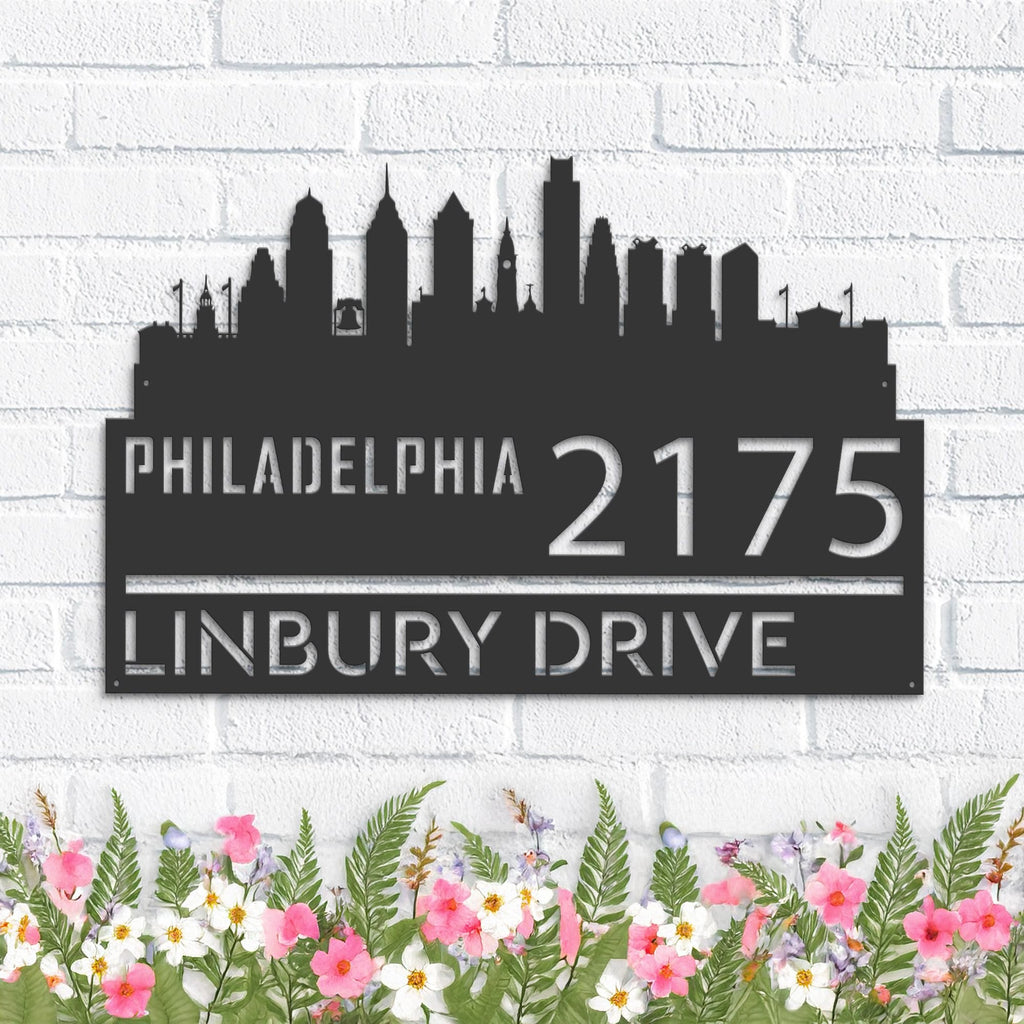 Custom Metal Philadelphia city skyline Metal Address Sign Hanging Address Plaque house number Yard Outdoor Sign