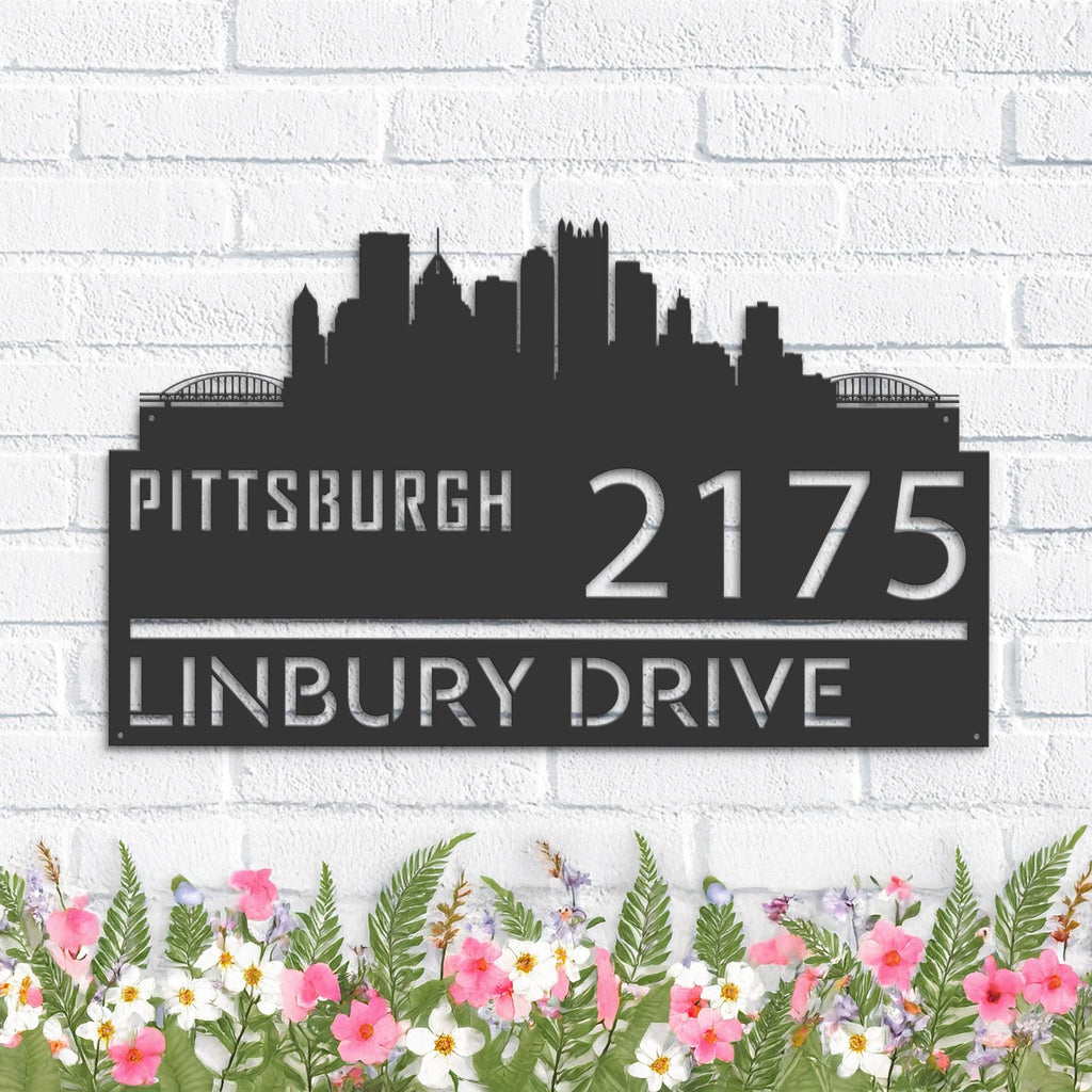 Custom Metal Pittsburgh city skyline Metal Address Sign Hanging Address Plaque house number Yard Outdoor Sign