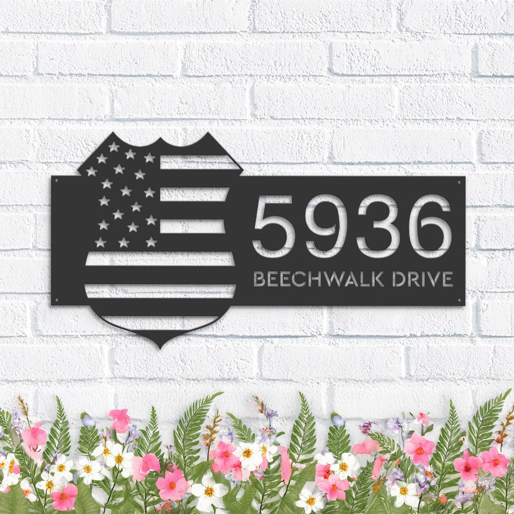 Custom Metal Police badge American Flag Patriotic Metal Address Sign, House number, Outdoor Number Signage, Yard Sign Address Plate