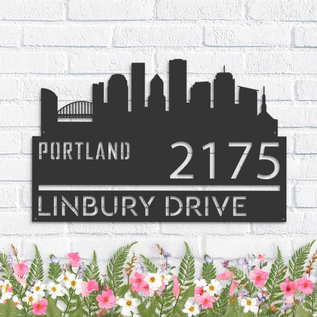 Custom Metal Portland city skyline Metal Address Sign Hanging Address Plaque house number Yard Outdoor Sign