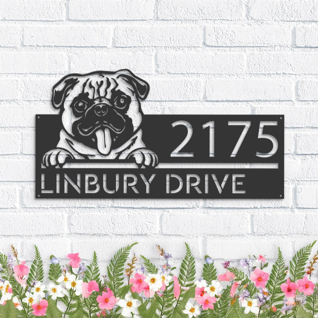 Custom Metal Pug Dog Cute puppy Metal Address Sign House number Hanging Address Plaque Yard Sign Outdoor decor