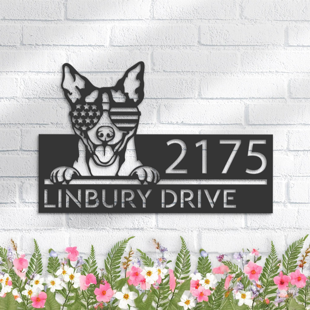 Custom Metal Rat terrier dog US flag glasses Metal Address Sign House number Hanging Address Plaque Yard Sign Outdoor decor