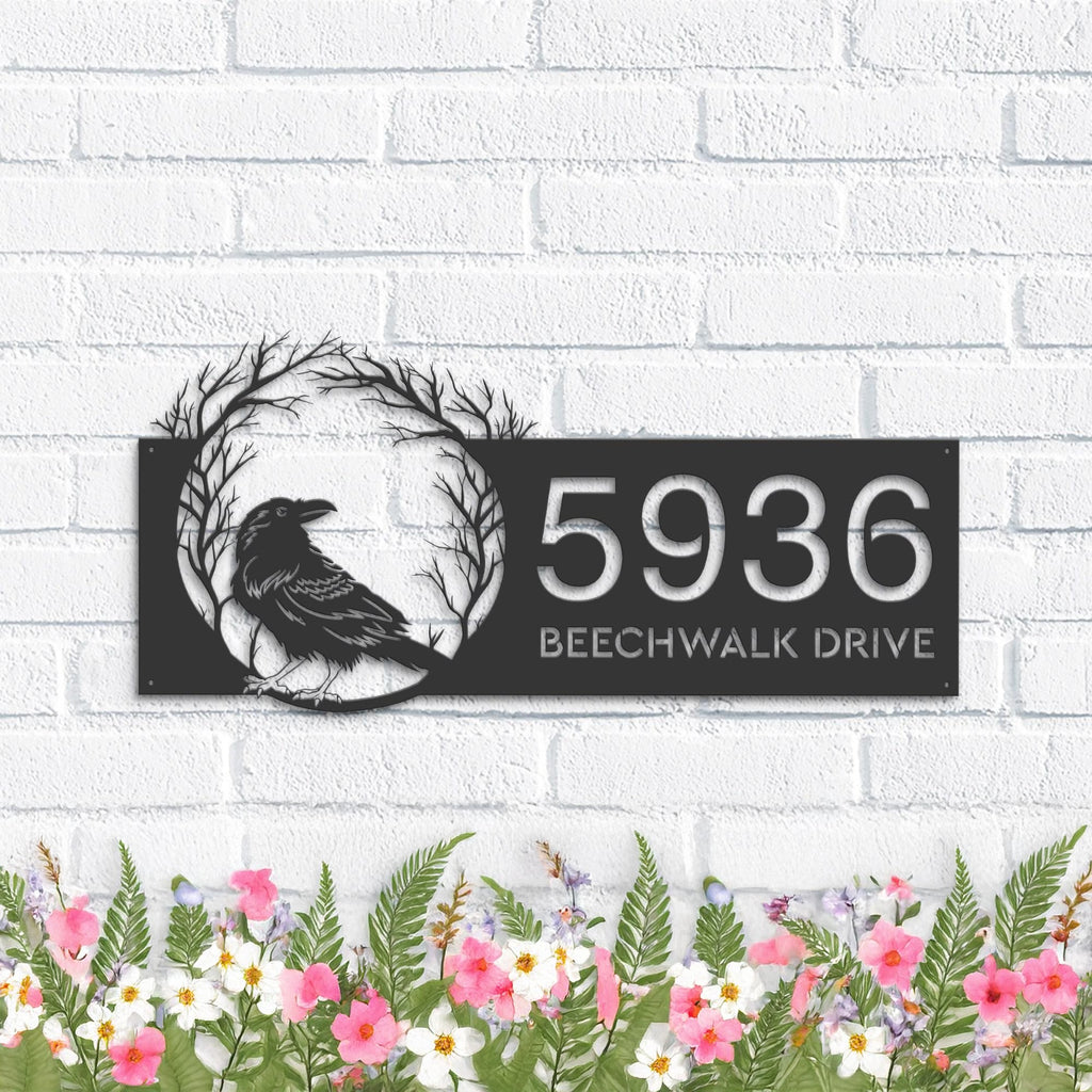 Custom Metal Raven Crow Halloween Wreath Metal Address Sign, House number, Outdoor Number Signage, Yard Sign Address Plate