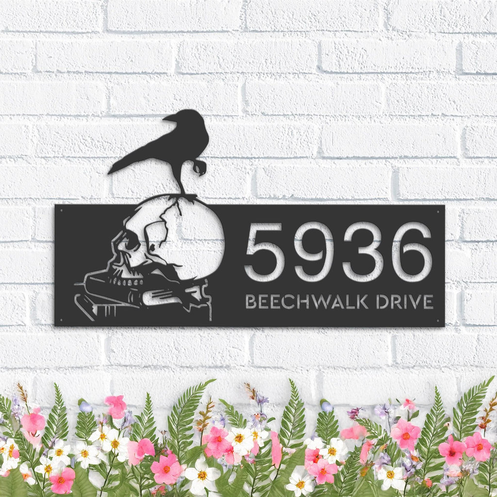 Custom Metal Raven on skull halloween Metal Address Sign, House number, Outdoor Number Signage, Yard Sign Address Plate