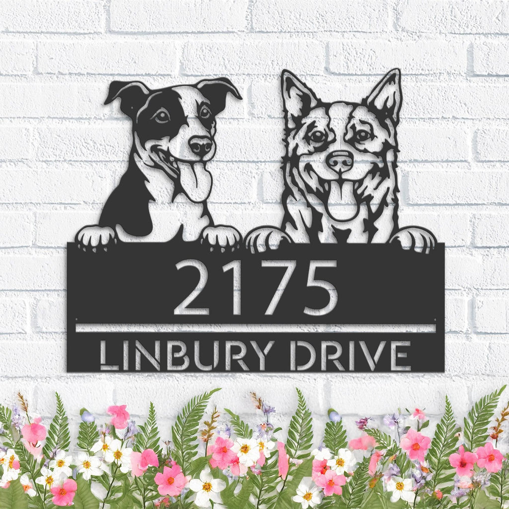 Custom Metal Red heeler and Jack russel terrier Metal Address Sign, House number, Outdoor Number Signage, Yard Sign Address Plate