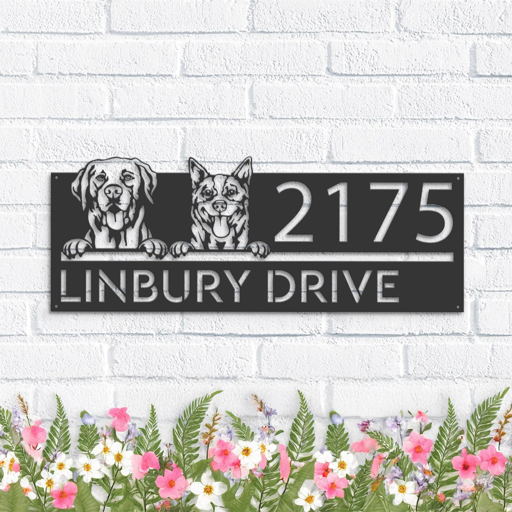 Custom Metal Red heeler and labrador dogs puppy Metal Address Sign House number Hanging Address Plaque Yard Sign Outdoor decor