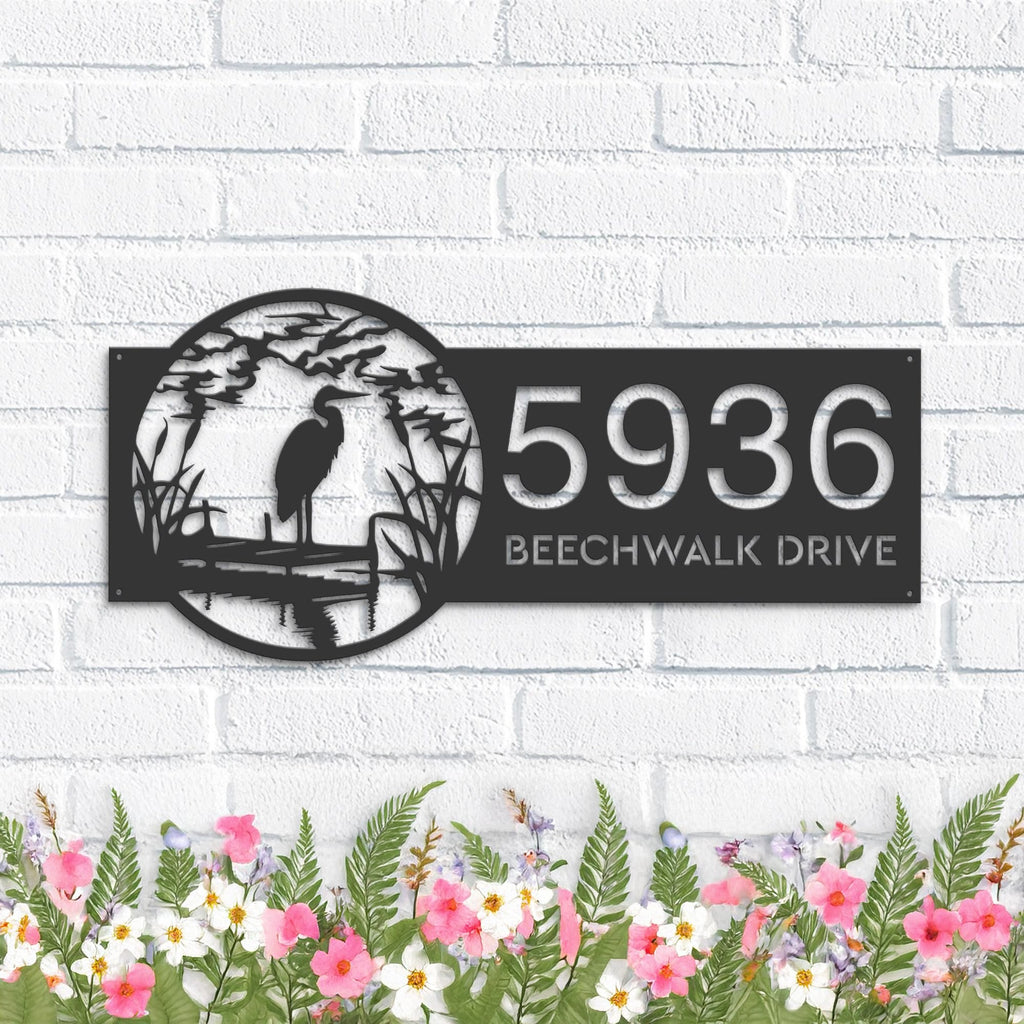 Custom Metal River scene stork Metal Address Sign, House number, Outdoor Number Signage, Yard Sign Address Plate