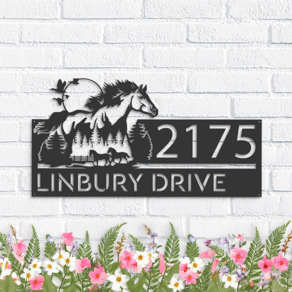 Custom Metal Running horse mountain forest scene Metal Address Sign, House number, Outdoor Number Signage, Yard Sign Address Plate