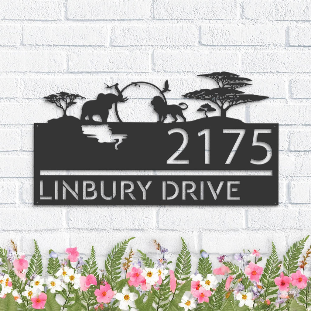 Custom Metal Safari scene african wild life Metal Address Sign, House number, Outdoor Number Signage, Yard Sign Address Plate