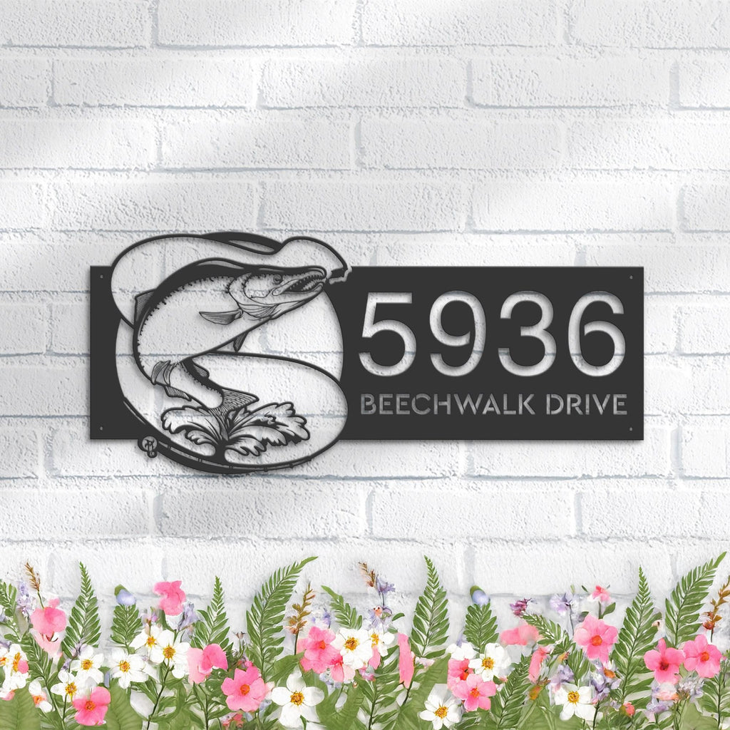 Custom Metal Salmon fishing rod bait hook Metal Address Sign, House number, Outdoor Number Signage, Yard Sign Address Plate