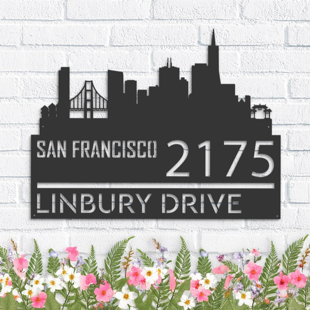 Custom Metal San Francisco city skyline Metal Address Sign Hanging Address Plaque house number Yard Outdoor Sign