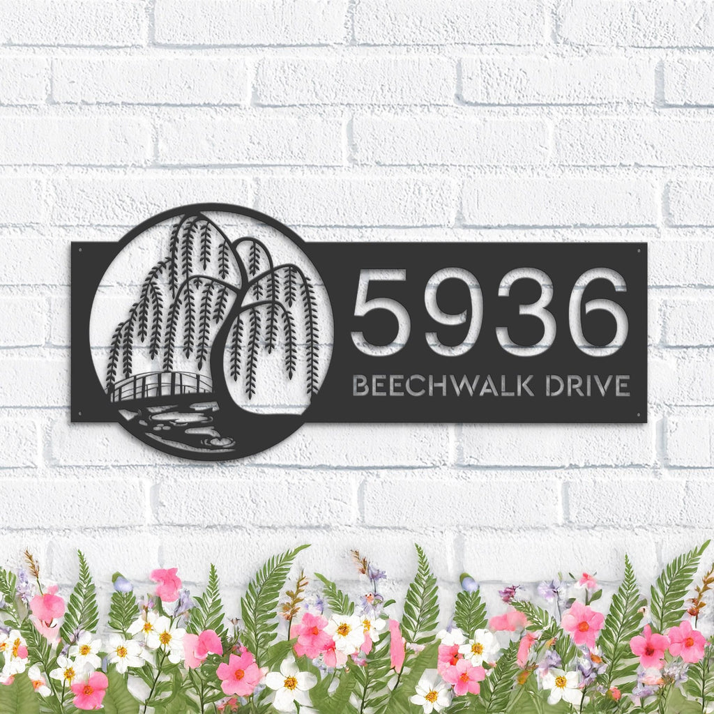 Custom Metal Scene with willow tree river Metal Address Sign, House number, Outdoor Number Signage, Yard Sign Address Plate