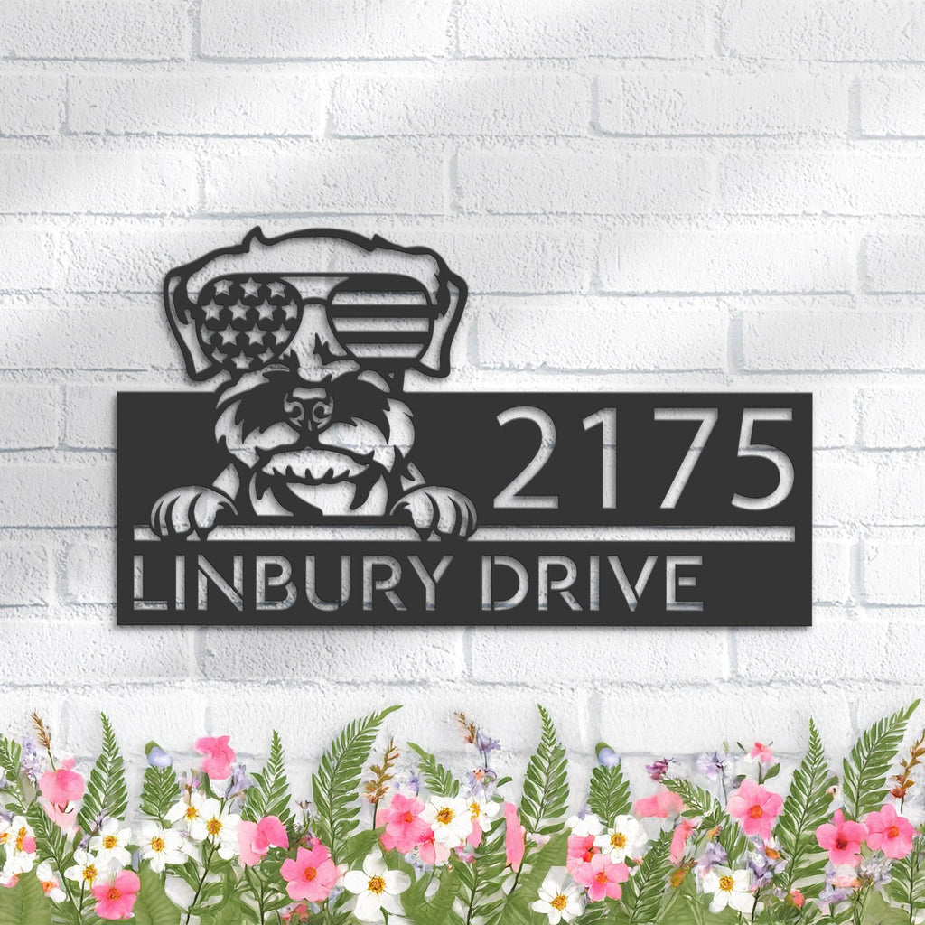 Custom Metal Schnauzer dog US flag glasses Metal Address Sign House number Hanging Address Plaque Yard Sign Outdoor decor