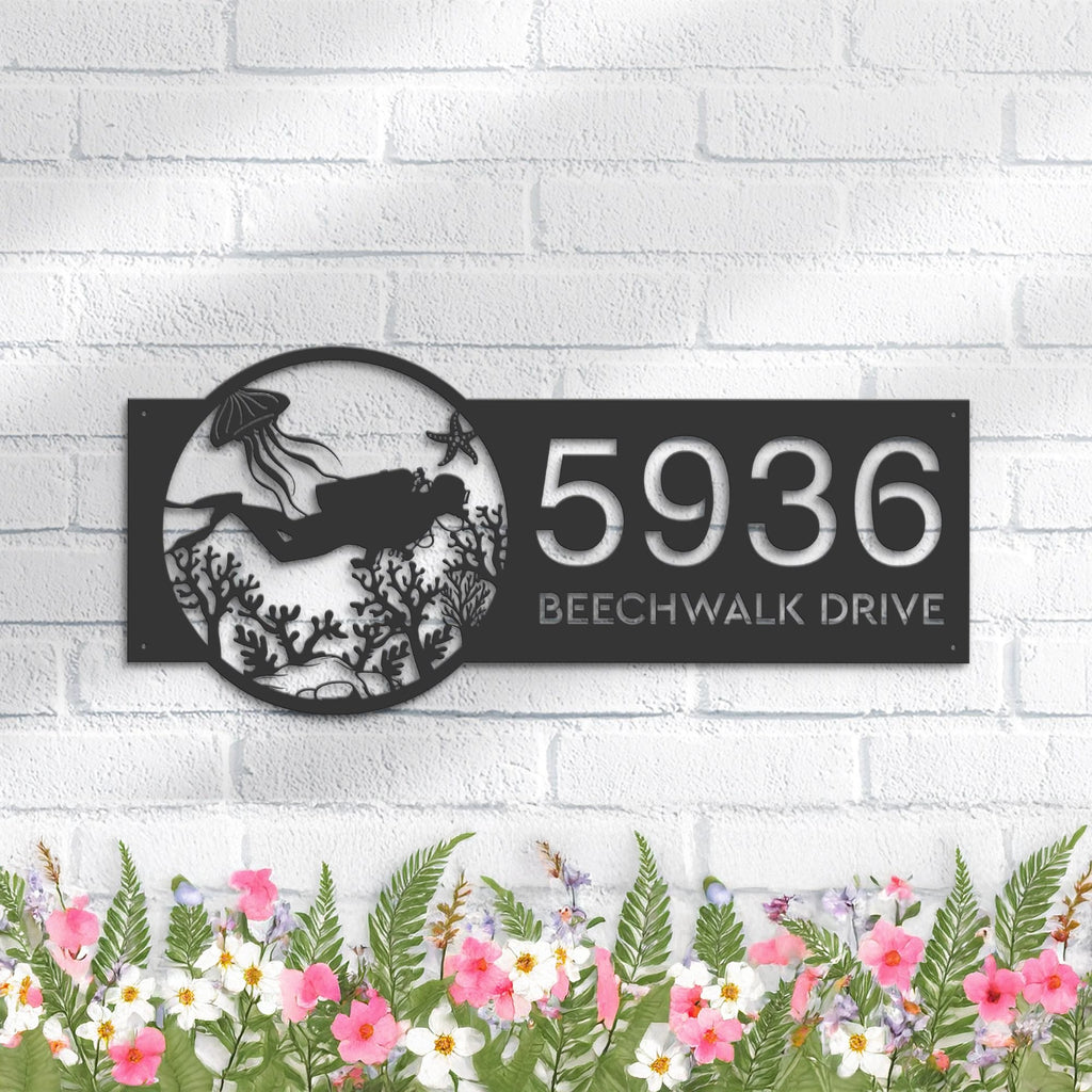 Custom Metal Scuba diving Metal Address Sign, House number, Outdoor Number Signage, Yard Sign Address Plate