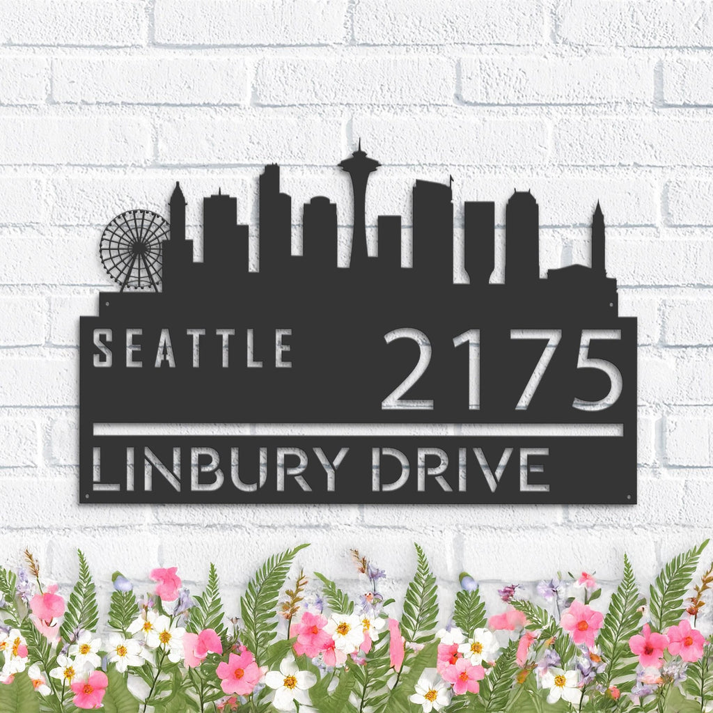 Custom Metal Seattle city skyline Metal Address Sign Hanging Address Plaque house number Yard Outdoor Sign