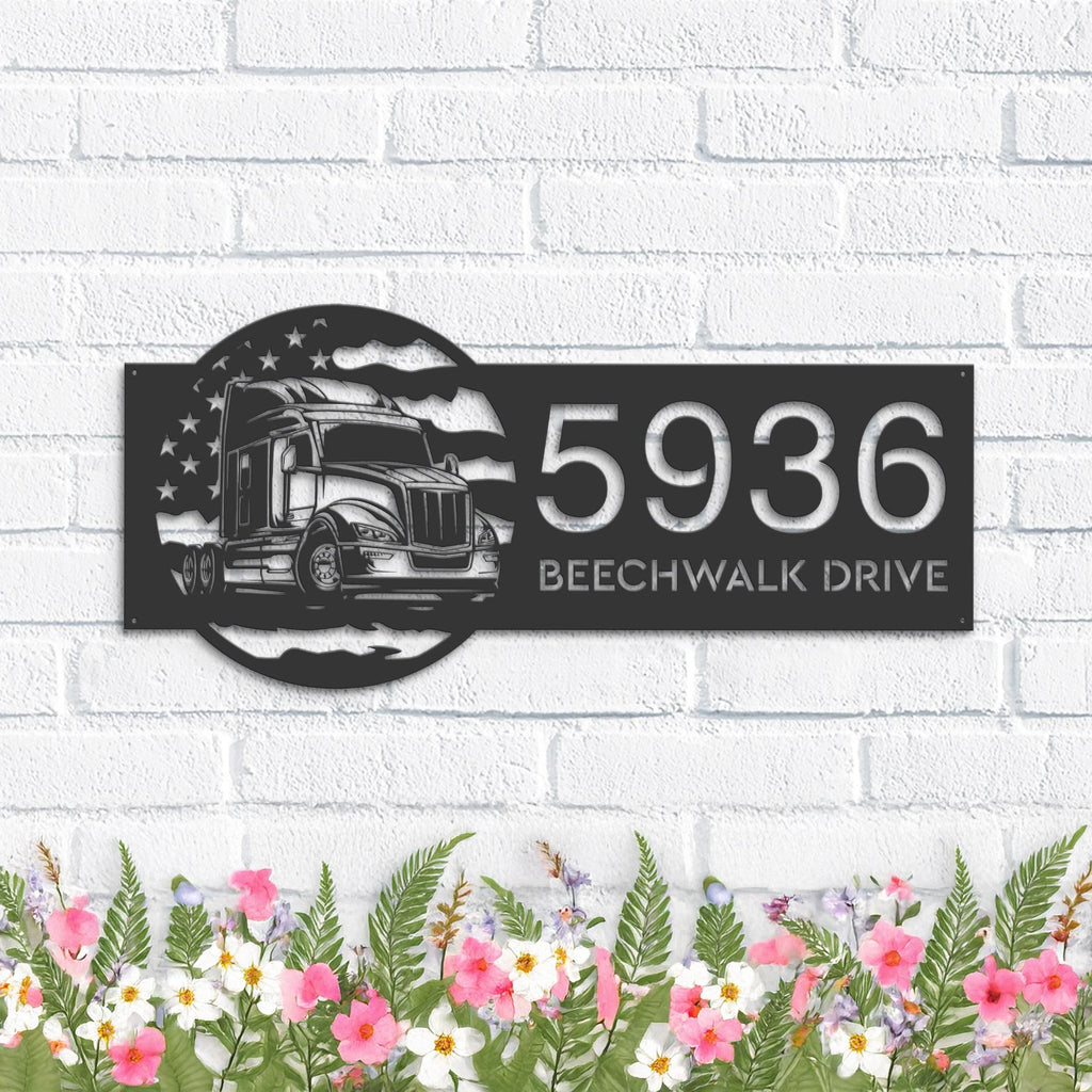 Custom Metal Semi truck on US flag trucker driver Metal Address Sign, House number, Outdoor Number Signage, Yard Sign Address Plate