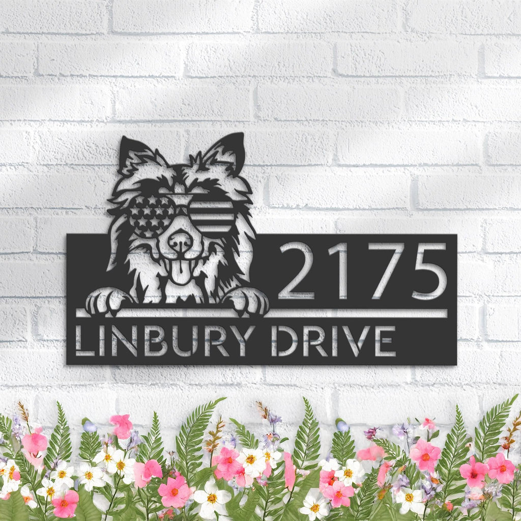 Custom Metal Shetland Sheepdog US flag glasses Metal Address Sign House number Hanging Address Plaque Yard Sign Outdoor decor