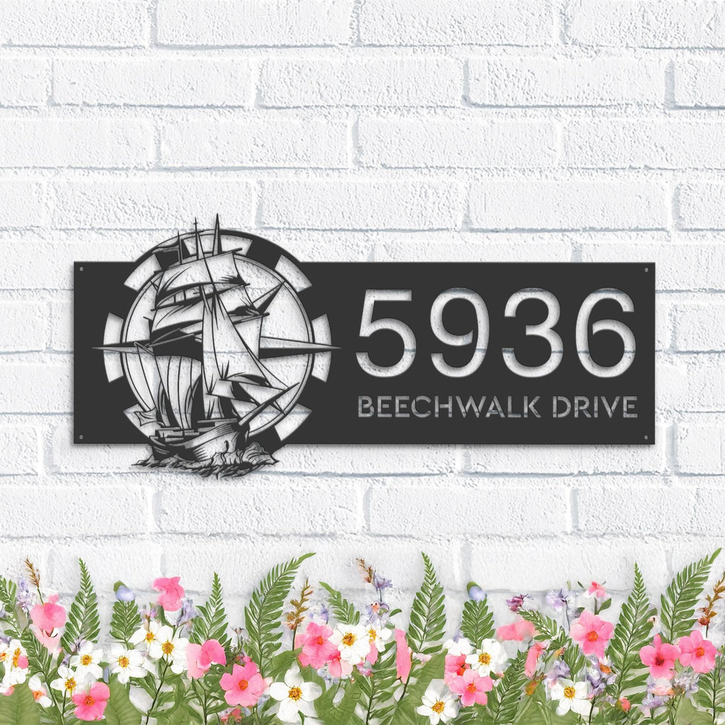 Custom Metal Ship with compass sailing Metal Address Sign, House number, Outdoor Number Signage, Yard Sign Address Plate