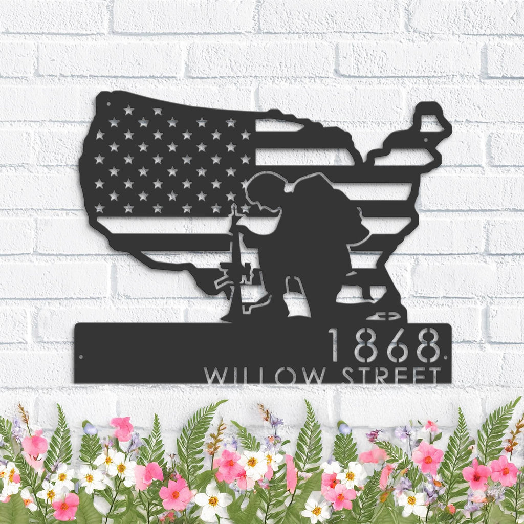 Custom Metal Soldier American Flag Patriotic Army Metal Address Sign, House number, Outdoor Number Signage, Yard Sign Address Plate