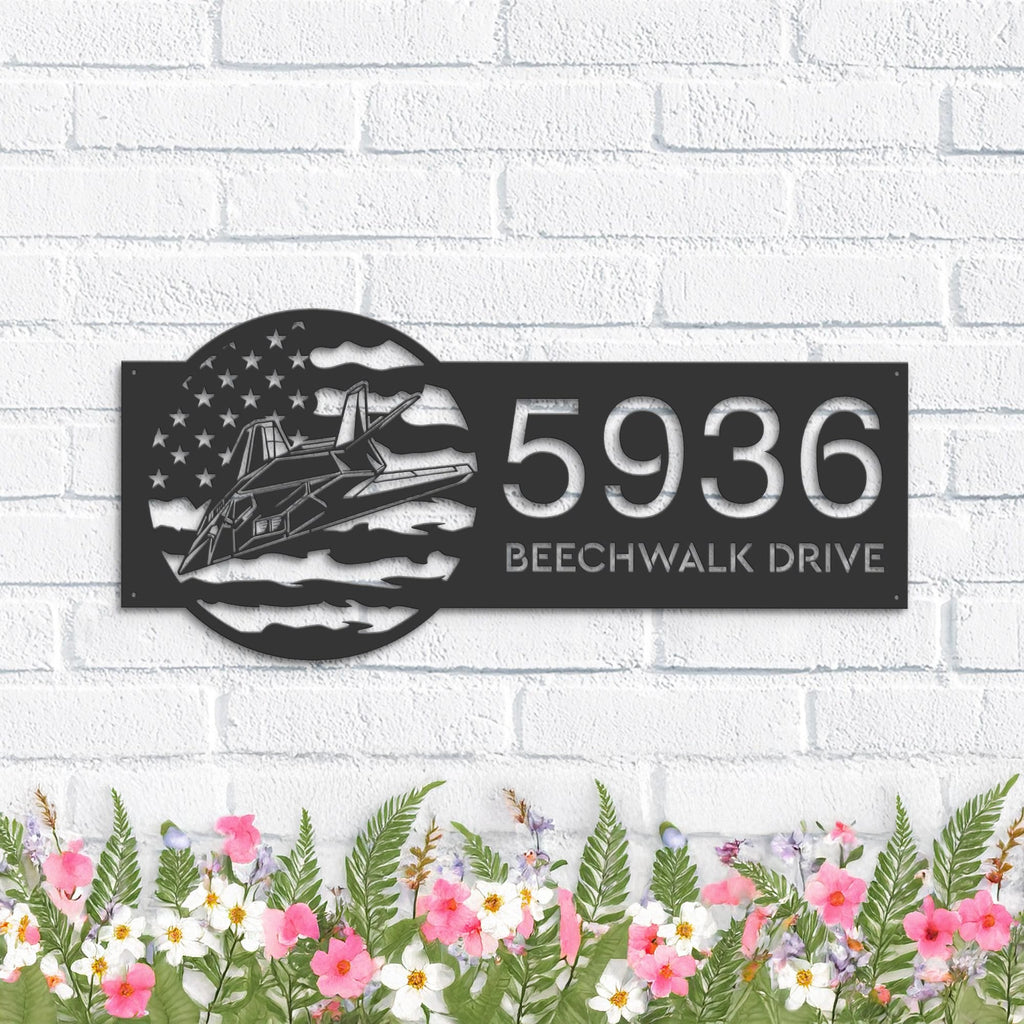 Custom Metal Stealth Fighter Jet airplane US flag Metal Address Sign House number Hanging Address Plaque Yard Sign Outdoor