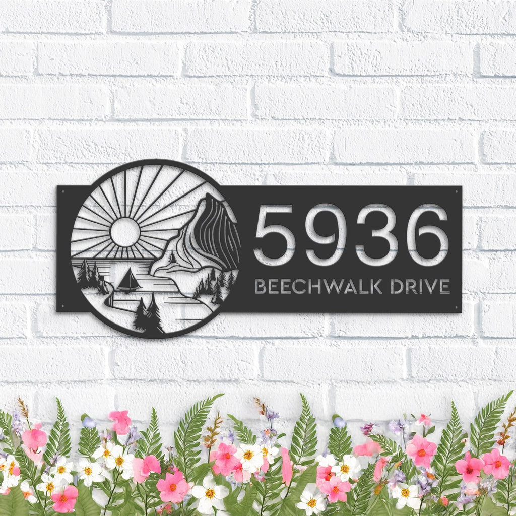 Custom Metal Sun mountain river scene Metal Address Sign, House number, Outdoor Number Signage, Yard Sign Address Plate