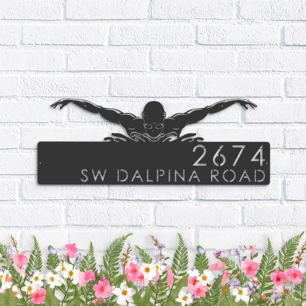 Custom Metal Swimmer Swimming pool summer sport Metal Address Sign, House number, Outdoor Number Signage, Yard Sign Address Plate