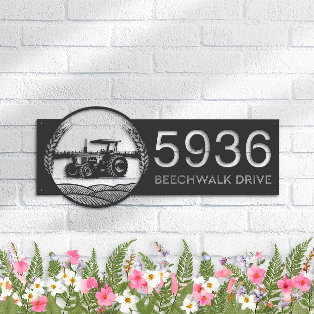 Custom Metal Tractor on farm field Metal Address Sign, House number, Outdoor Number Signage, Yard Sign Address Plate