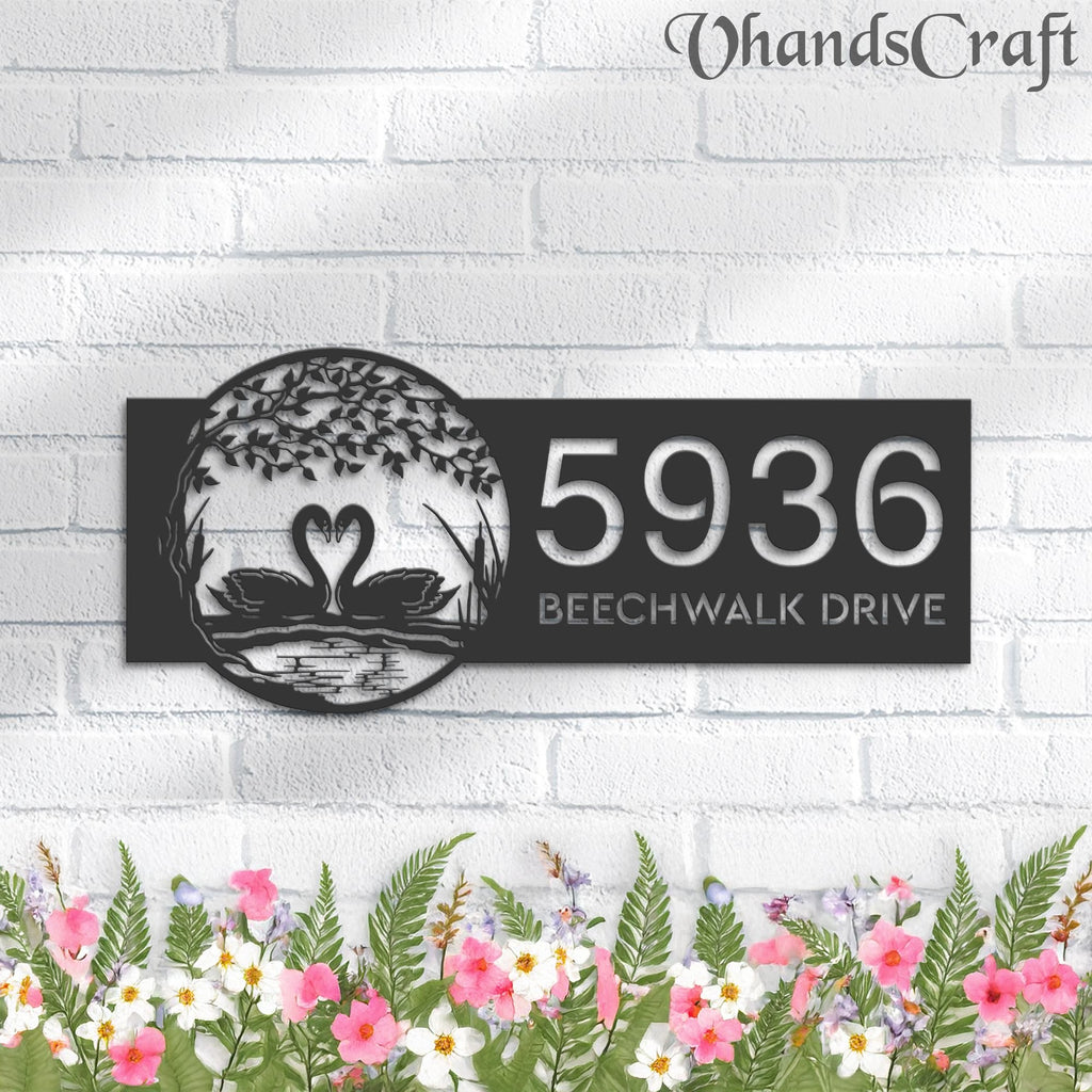 Custom Metal Tree and Swan Couple on Lake Metal Address Sign, House number, Outdoor Number Signage, Yard Sign Address Plate