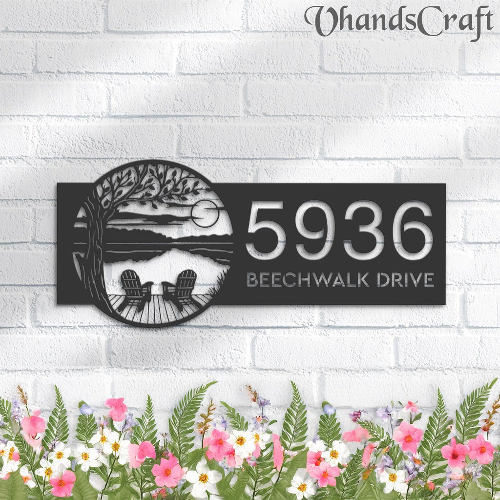 Custom Metal Tree Dock on Lake Scene Sunset Metal Address Sign Custom House number Hanging Address Plaque Yard Sign Outdoor