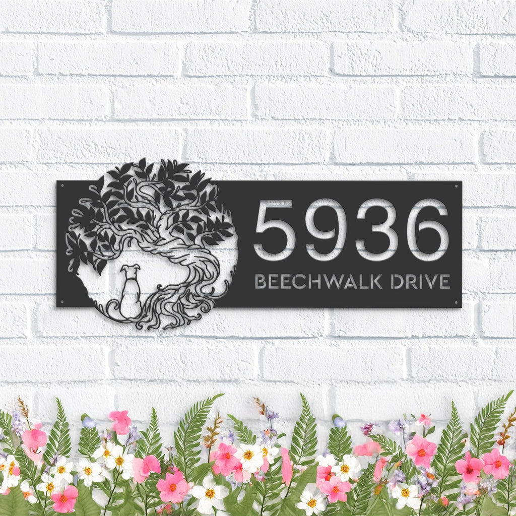 Custom Metal Tree of life with dog Metal Address Sign, House number, Outdoor Number Signage, Yard Sign Address Plate