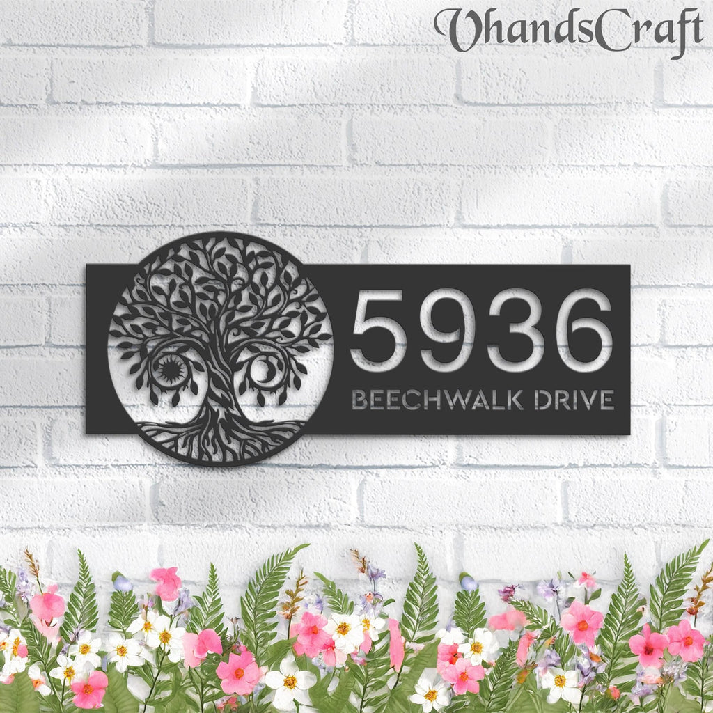 Custom Metal Tree of Life with Sun and Moon Metal Address Sign Custom House number Hanging Address Plaque Yard Sign Outdoor