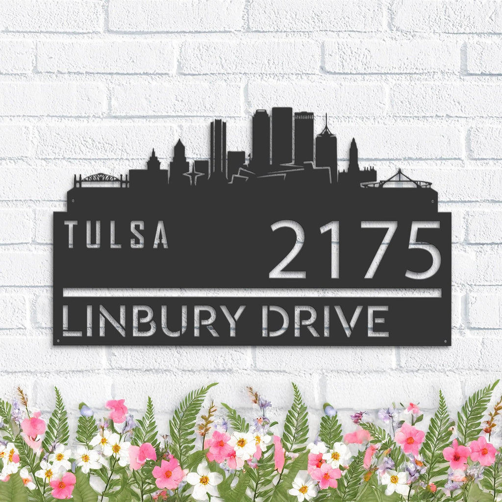 Custom Metal Tulsa city skyline Metal Address Sign Hanging Address Plaque house number Yard Outdoor Sign