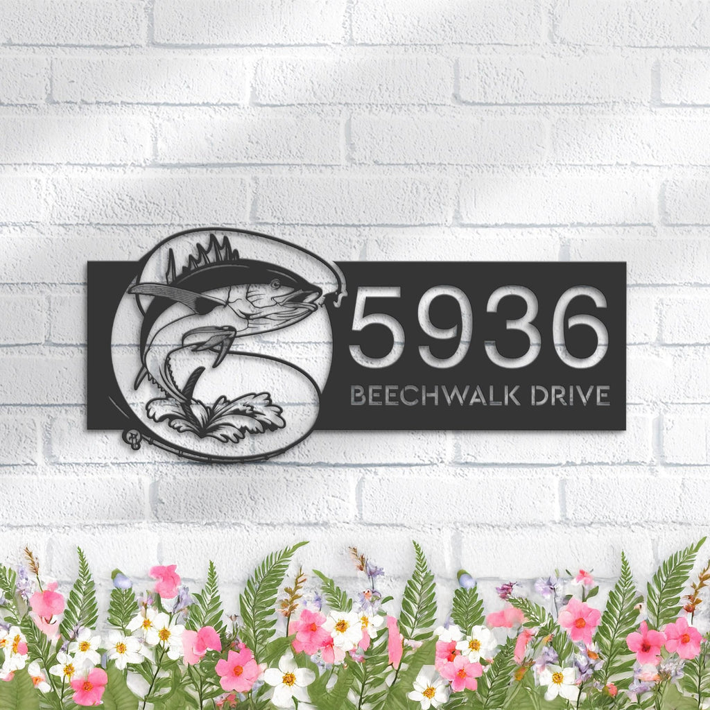 Custom Metal Tuna fishing rod bait hook Metal Address Sign, House number, Outdoor Number Signage, Yard Sign Address Plate