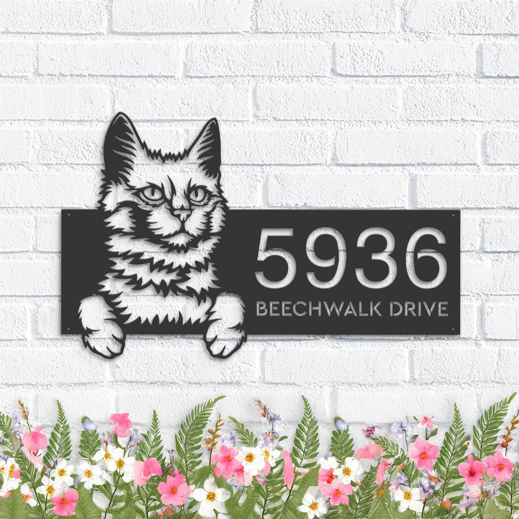 Custom Metal Turkis Angora Cute peeking cat Metal Address Sign, House number, Outdoor Number Signage, Yard Sign Address Plate