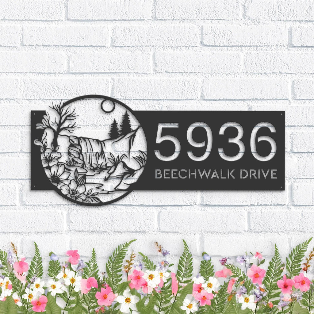 Custom Metal Water fall Nature scene Metal Address Sign House number Hanging Address Plaque Yard Sign Outdoor